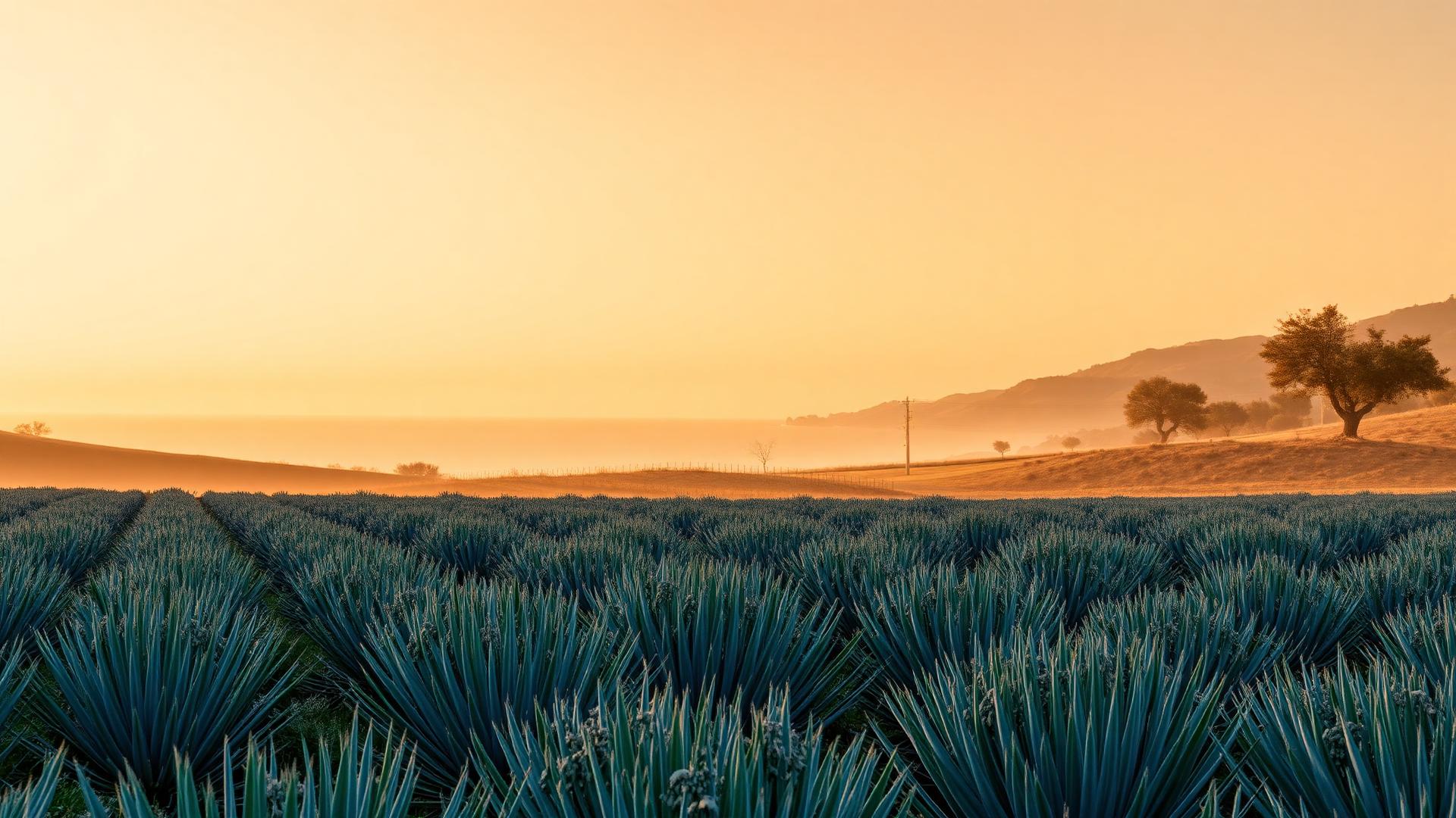 Blue agave field meeting a Puglian olive grove at golden hour