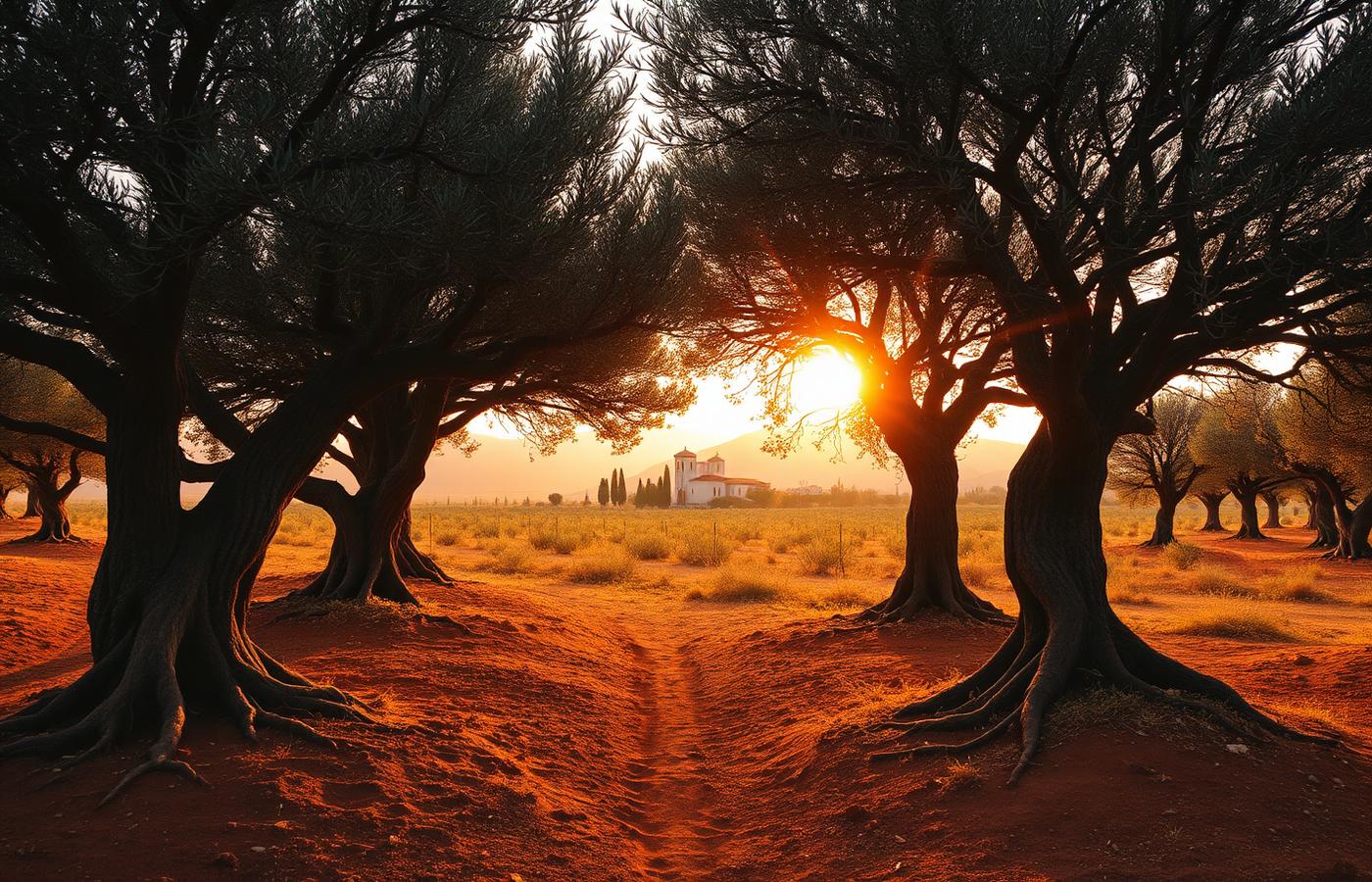 Puglian olive grove at sunset